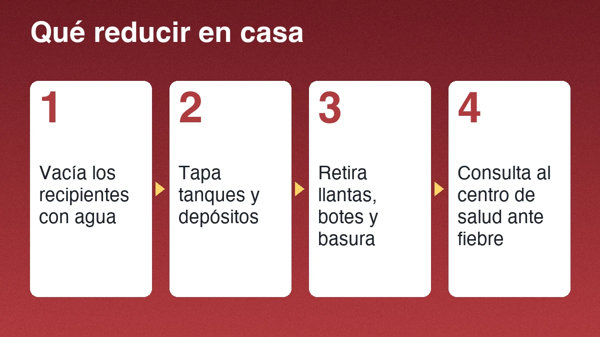 Cuatro pasos para reducir criaderos de mosquitos en casa: vaciar recipientes, tapar tanques, retirar llantas y botes, evitar basura acumulada