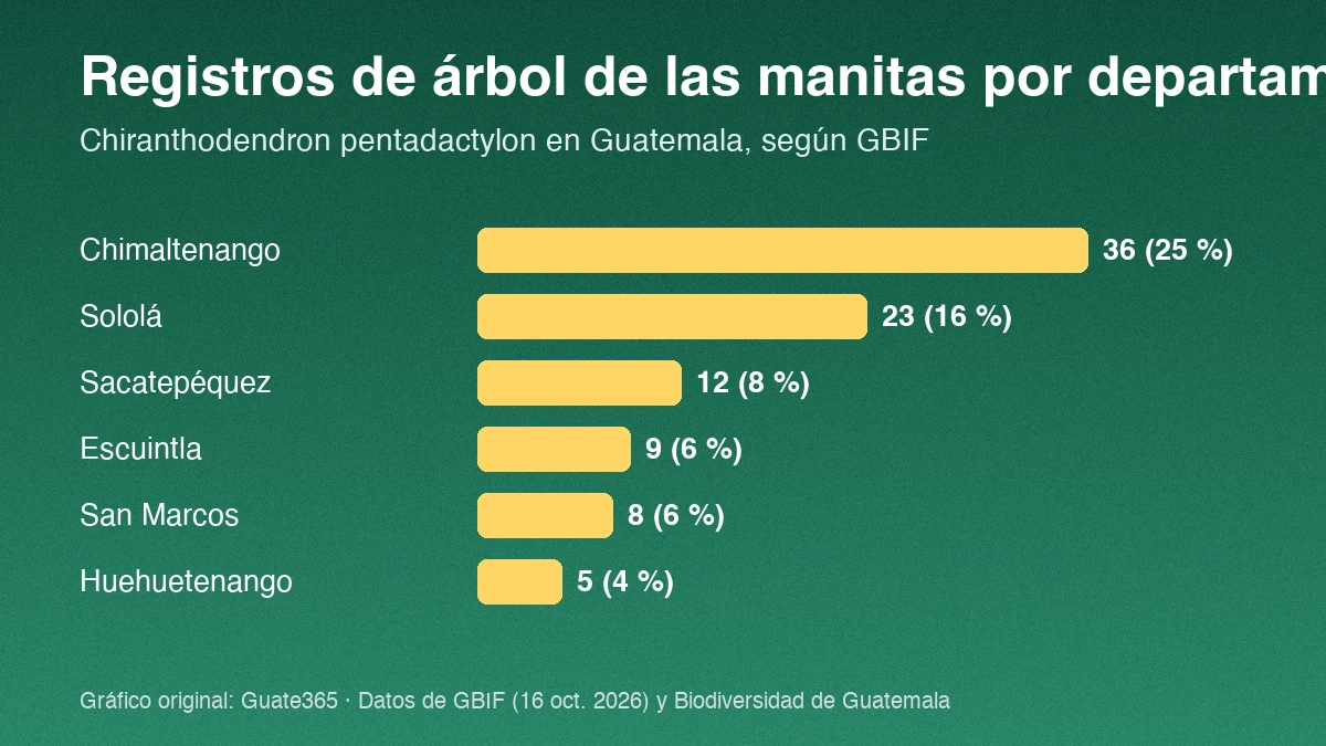 Gráfico de barras con registros de árbol de las manitas por departamento: Chimaltenango 36, Sololá 23, Sacatepéquez 12