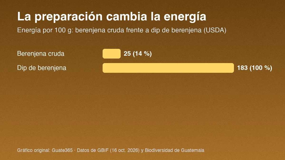 Gráfico de barras: 25 kcal por 100 g para berenjena cruda frente a 183 kcal por 100 g para dip de berenjena