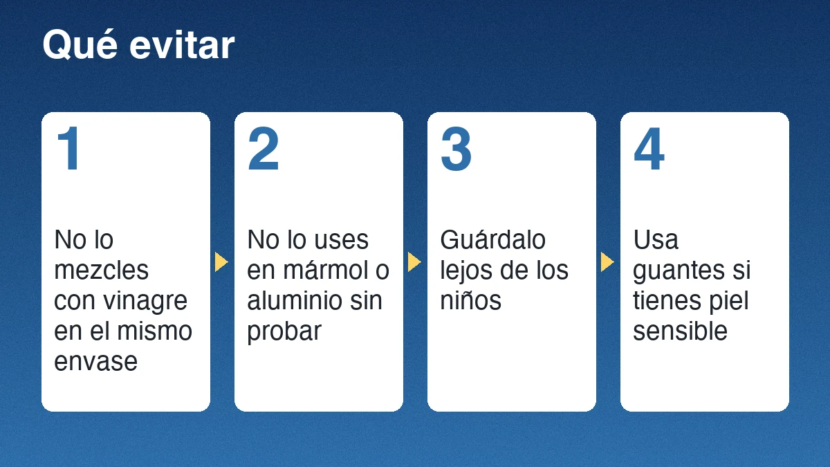 Cuatro cuidados con el bicarbonato de sodio: no mezclarlo con vinagre en el mismo envase, probar antes en mármol o aluminio, guardarlo lejos de los niños y usar guantes si la piel es sensible