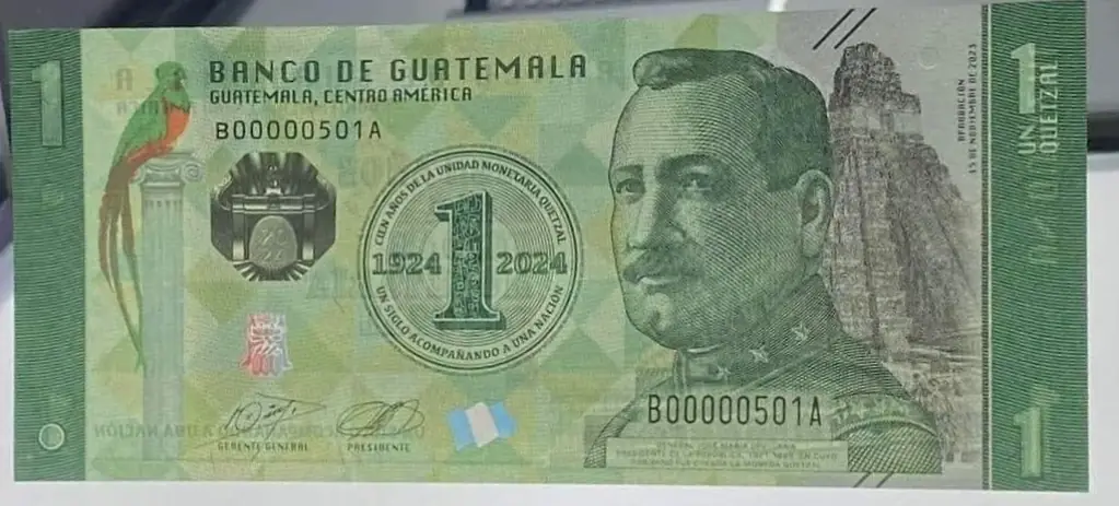 Billete de un quetzal de color verde con el edificio del Banco de Guatemala