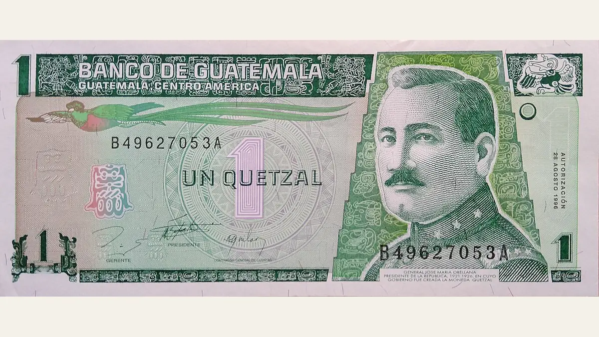 Anverso de un billete de un quetzal con el retrato del general José María Orellana
