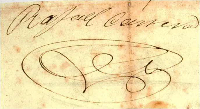 Firma manuscrita de Rafael Carrera sobre papel claro
