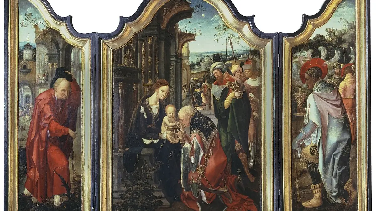 Pintura antigua de la adoración de los Reyes Magos al Niño Jesús