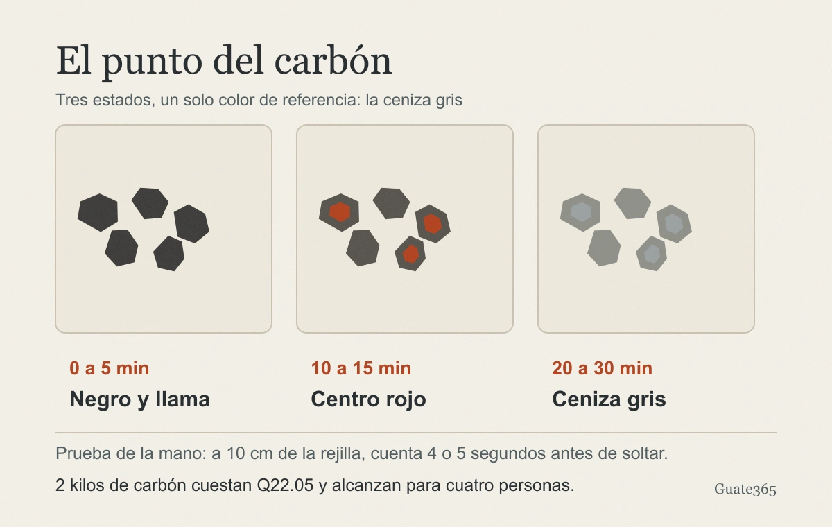 Gráfico con los tres estados del carbón: negro y con llama de 0 a 5 minutos, centro rojo de 10 a 15 minutos y ceniza gris de 20 a 30 minutos