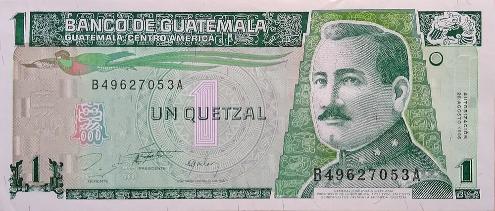 Anverso de un billete de un quetzal con el retrato del general José María Orellana y la leyenda Banco de Guatemala