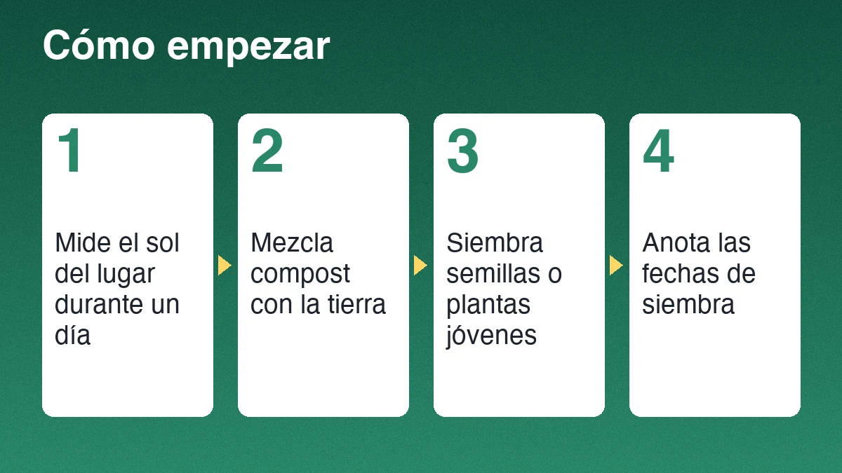 Cuatro pasos para empezar un huerto en casa: medir el sol del lugar, mezclar compost con la tierra, sembrar semillas o plantas jóvenes y anotar las fechas de siembra