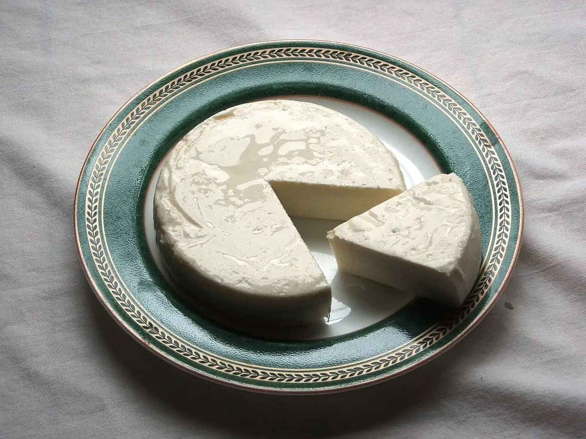 Queso fresco blanco cortado en piezas sobre un plato azul