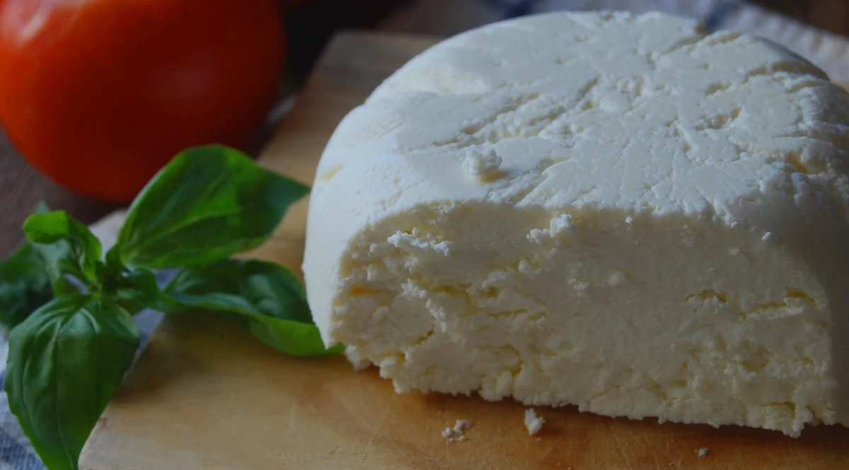 Bloque de queso fresco blanco junto a un tomate y hojas de albahaca