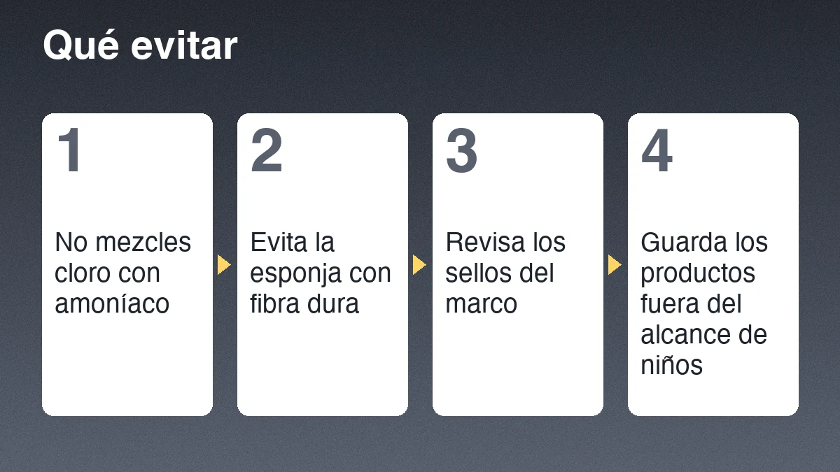 Cuatro cuidados al limpiar vidrios: no mezclar cloro con amoníaco, evitar esponjas de fibra dura, revisar los sellos del marco y guardar los productos fuera del alcance de niños