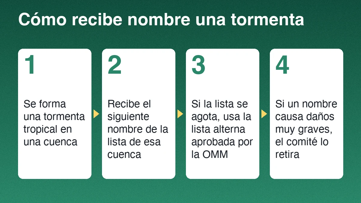 Cuatro pasos para recibir nombre una tormenta: se forma en una cuenca, recibe el siguiente nombre de la lista, usa una lista alterna si la lista se agota y el comité retira un nombre que causa daños muy graves