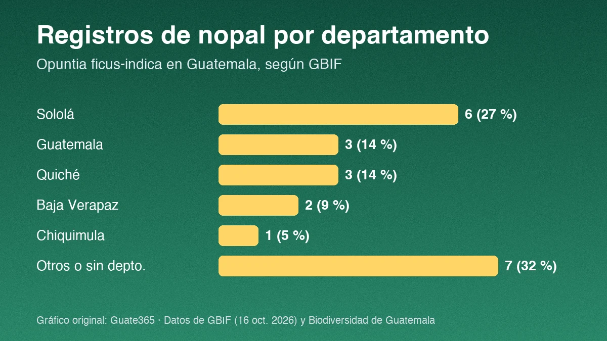 Barras con registros de nopal por departamento en Guatemala: Sololá 6, Guatemala 3, Quiché 3, Baja Verapaz 2, Chiquimula 1, otros 7