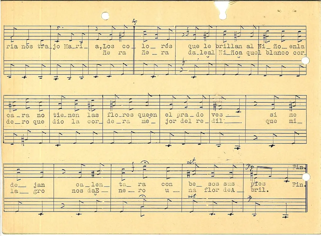 Partitura del villancico Los pastores, con pentagramas y letra