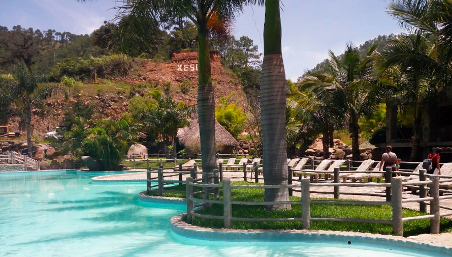 Piscina del Balneario Xesuj rodeada de palmeras, sillas y áreas verdes