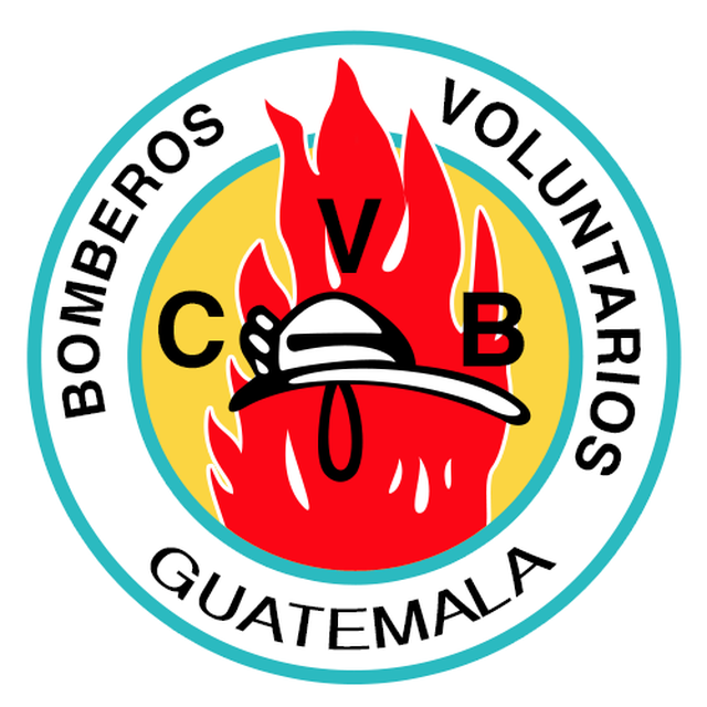 Escudo circular del Cuerpo Voluntario de Bomberos de Guatemala, con una llama, un casco, las letras C, V y B y los textos Bomberos Voluntarios y Guatemala