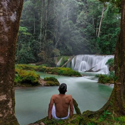 Persona observando las Cataratas de Caxlampón desde una poza en el bosque