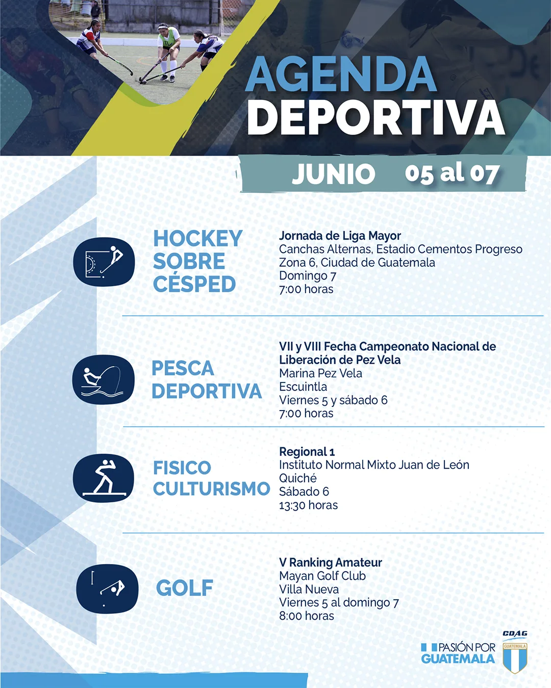 Lamina oficial de CDAG con hockey sobre cesped, pesca deportiva, fisicoculturismo y golf en la agenda del 5 al 7 de junio de 2026