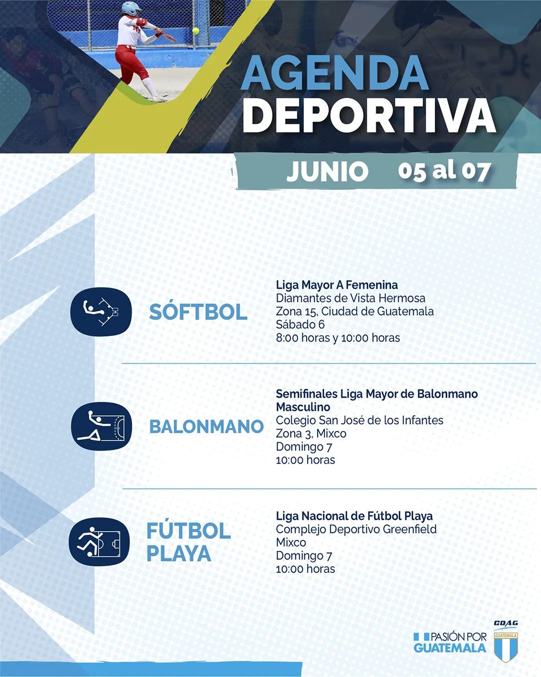 Lamina oficial de CDAG con softbol, balonmano y futbol playa en la agenda del 5 al 7 de junio de 2026