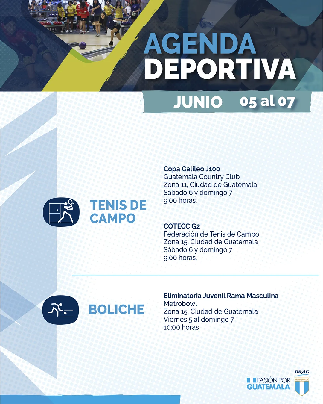 Lamina oficial de CDAG con tenis de campo y boliche en la agenda del 5 al 7 de junio de 2026