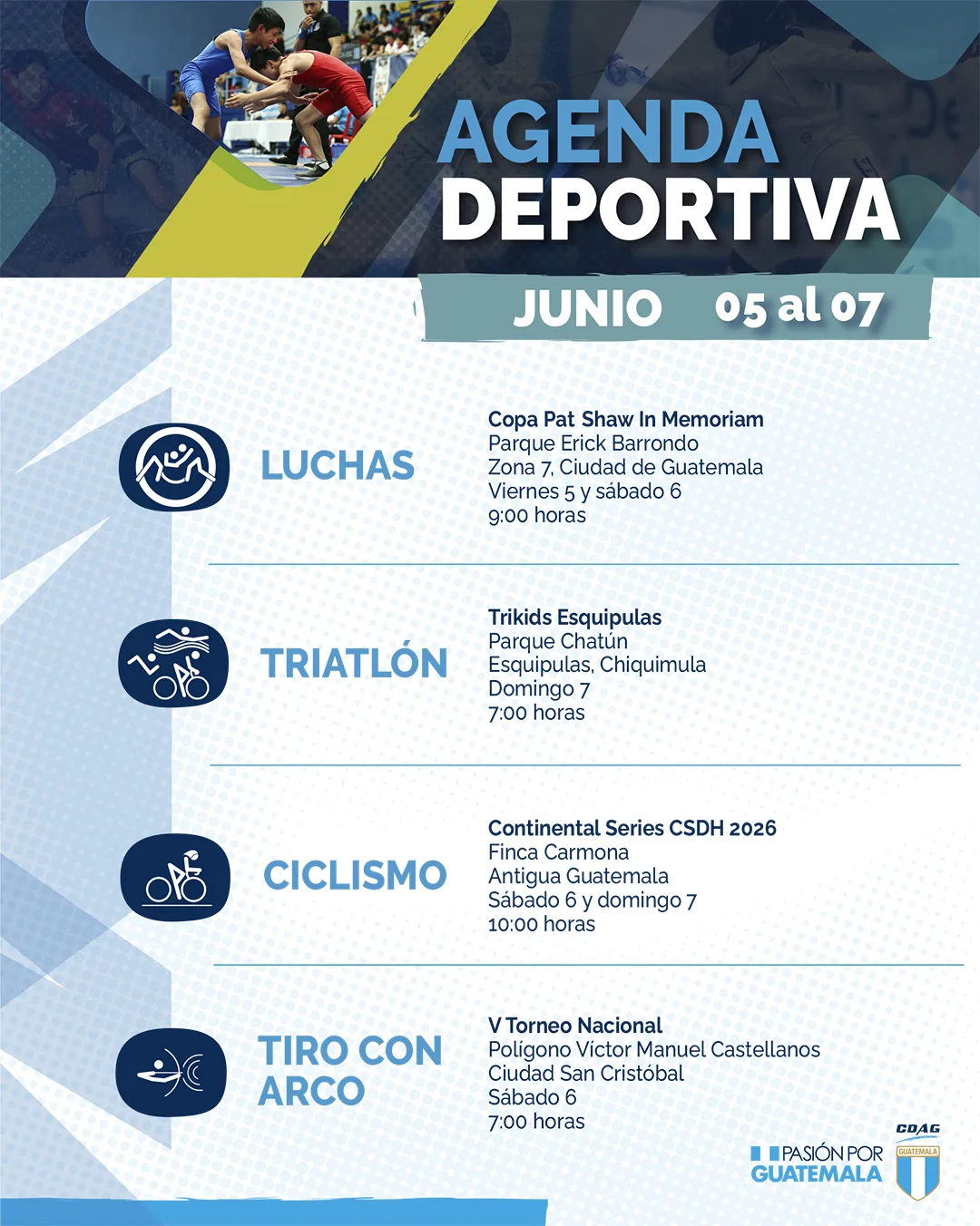 Lamina oficial de CDAG con la agenda deportiva del 5 al 7 de junio de 2026 para luchas, triatlon, ciclismo y tiro con arco