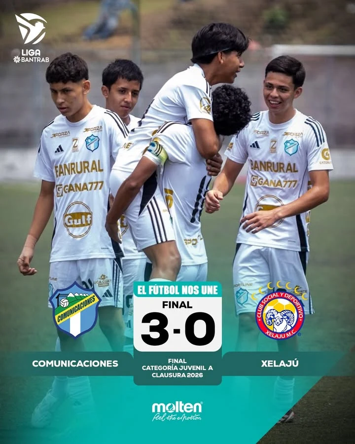 Tarjeta oficial de Liga Nacional con el triunfo de Comunicaciones 3-0 sobre Xelaju en la final de Juvenil A del Clausura 2026