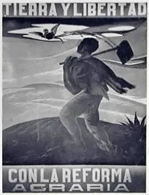 Afiche de la reforma agraria con la leyenda Tierra y libertad y Con la reforma agraria, con una figura de campesino que corre con una herramienta en la mano