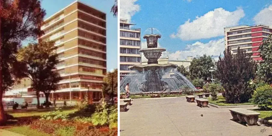 Edificio Cruz Azul frente a una plaza del Centro Histórico de Guatemala en una imagen de época