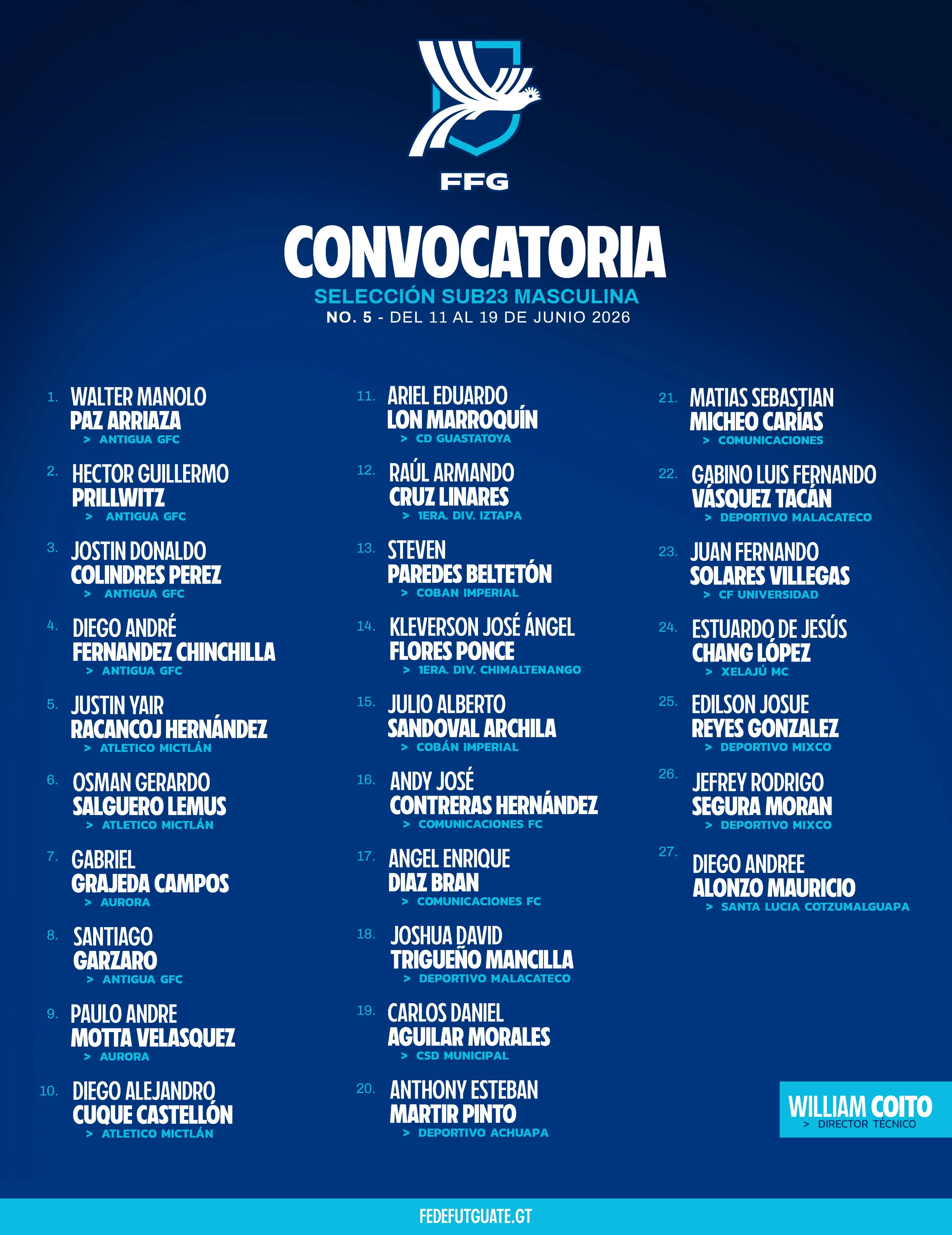 Afiche oficial de Fedefut con la convocatoria Sub-23 Masculina No. 5 para junio de 2026