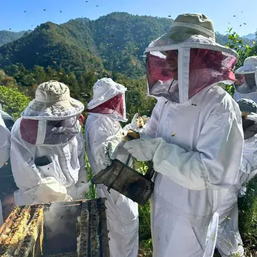 Grupo con equipo de apicultura participa en una explicación frente al paisaje de la finca