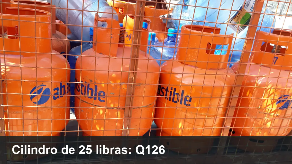 Cilindros de gas licuado de color naranja guardados detrás de una reja metálica, con la leyenda del nuevo precio del cilindro de 25 libras