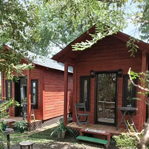 Dos cabañas de madera rodeadas de árboles en Glamping de los Abuelos