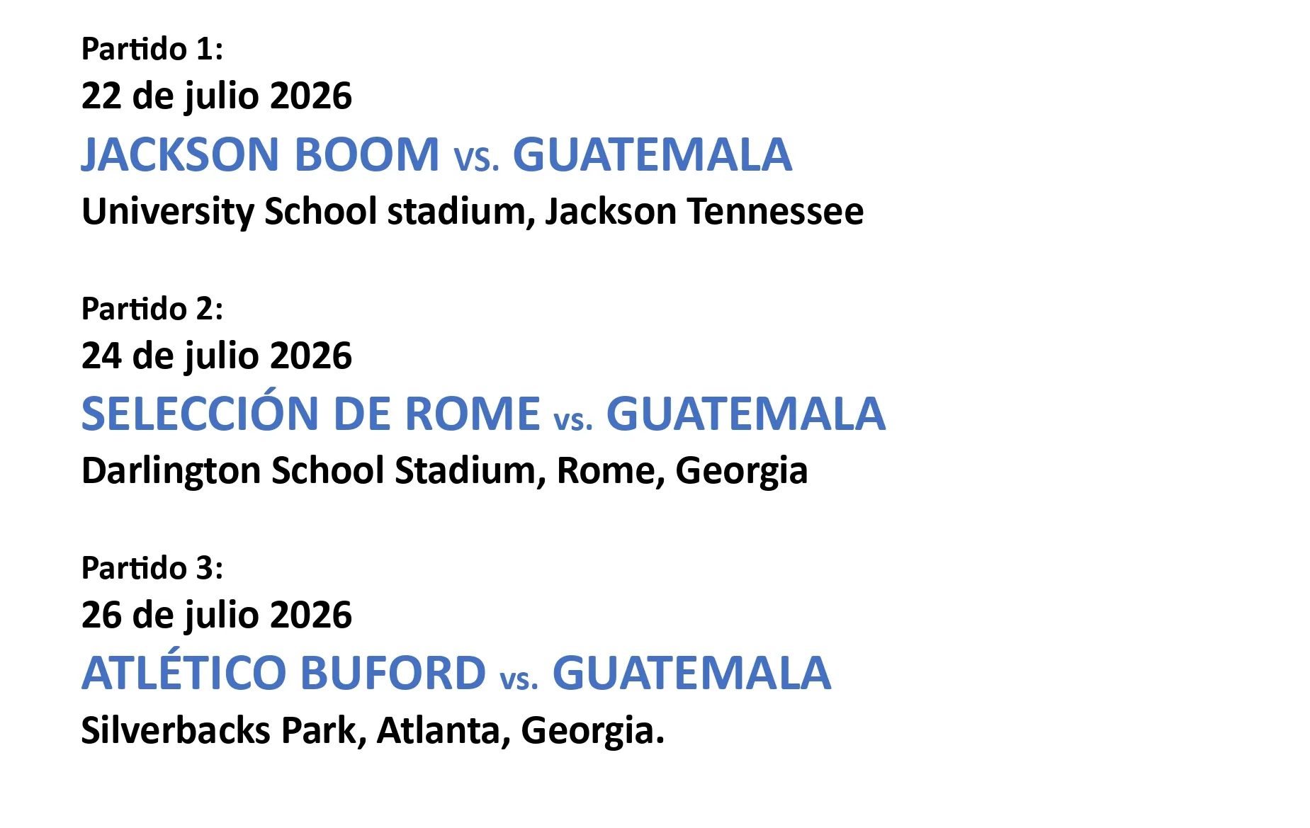 Calendario oficial de los partidos del campamento de la Selección Sub-23 de Guatemala en Estados Unidos