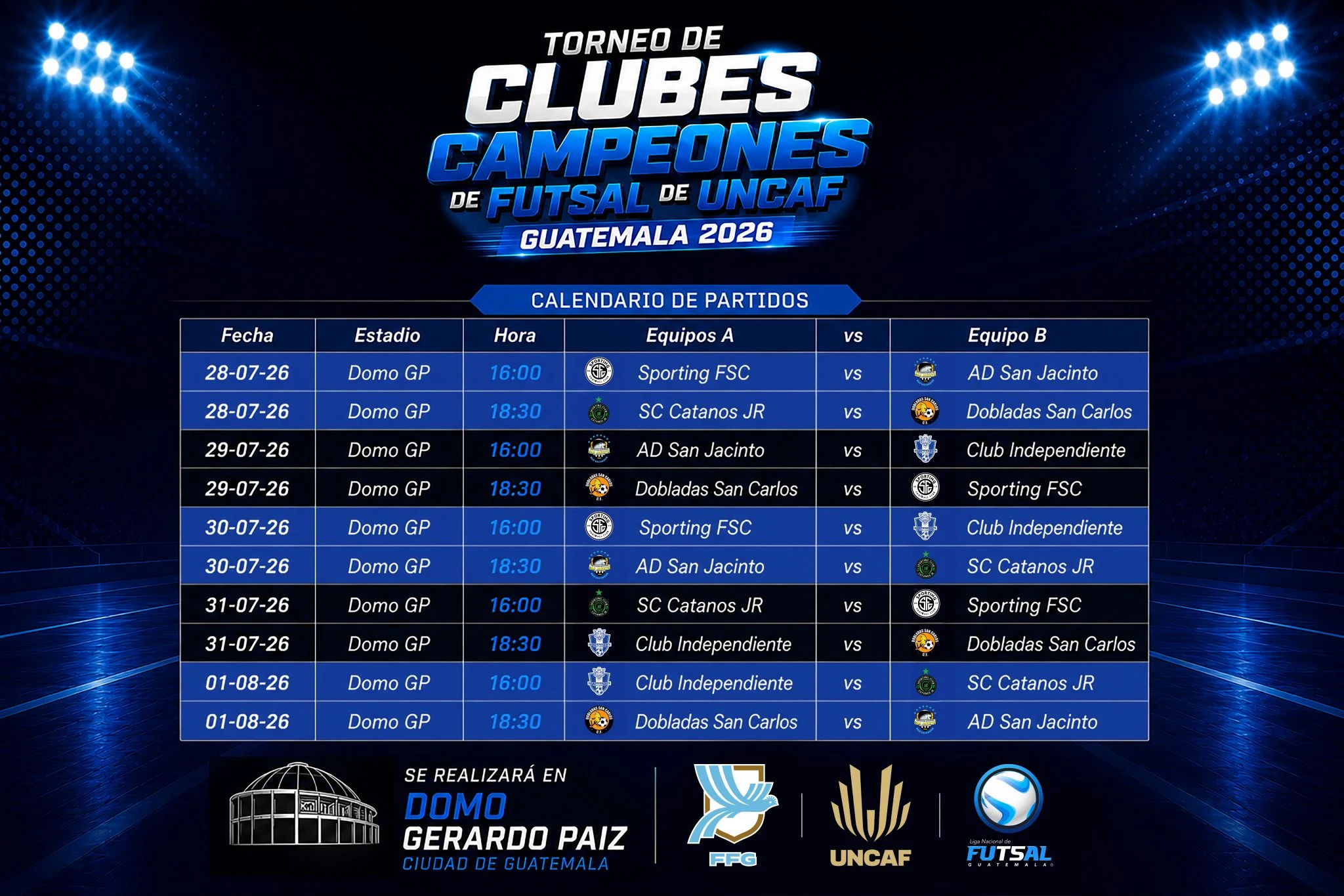 Calendario oficial del Torneo de Clubes Campeones de Futsal de UNCAF Guatemala 2026 publicado por Fedefut