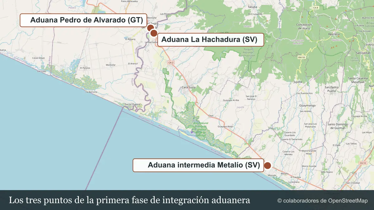 Mapa de la costa entre Guatemala y El Salvador con las aduanas Pedro de Alvarado, La Hachadura y Metalío marcadas