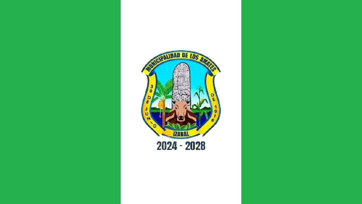 Escudo de la Municipalidad de Los Amates sobre una bandera de tres franjas