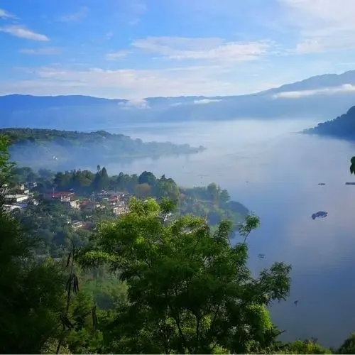Vista del lago y la vegetación desde un sendero de Los Cipreses Camping
