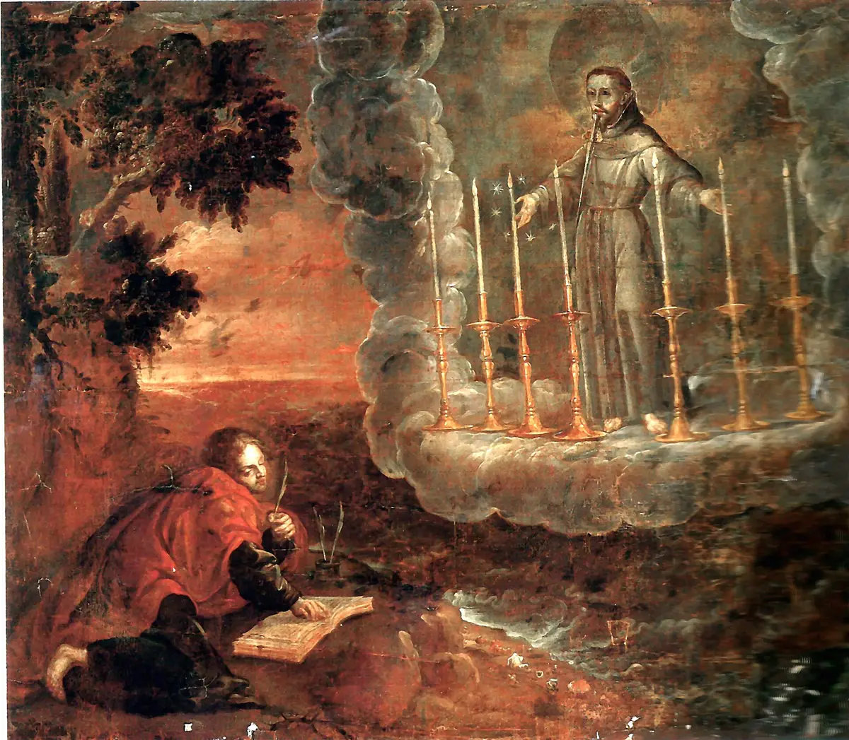 Pintura barroca de Cristóbal de Villalpando que muestra a San Francisco de Asís y la visión de los candelabros