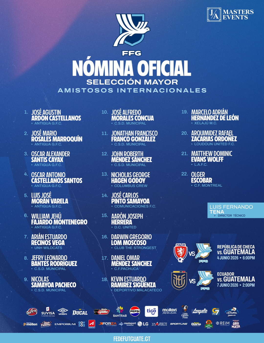 Afiche oficial de Fedefut con los 22 convocados de Guatemala para los amistosos de junio de 2026