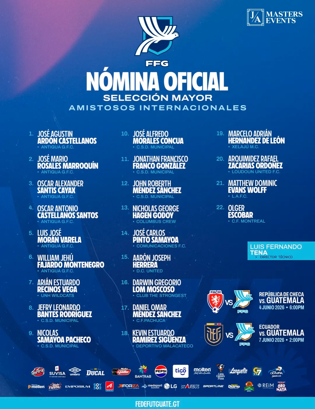 Afiche oficial de Fedefut con los 22 convocados de Guatemala para los amistosos de junio de 2026