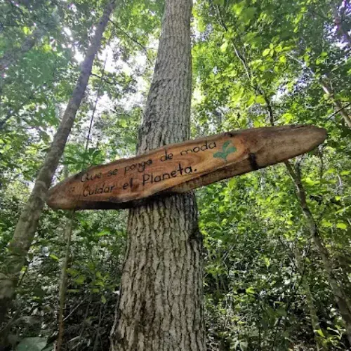 Rótulo de madera entre los árboles del Parque Ecológico Calvani