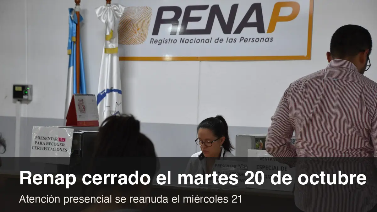 Atención en un mostrador del Renap, con banderas de Guatemala y un letrero de presentar DPI para recoger certificaciones
