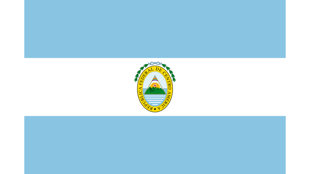 Bandera de la República Federal de Centroamérica: franjas celestes y una blanca, con el escudo con la leyenda República Federal de Centro América