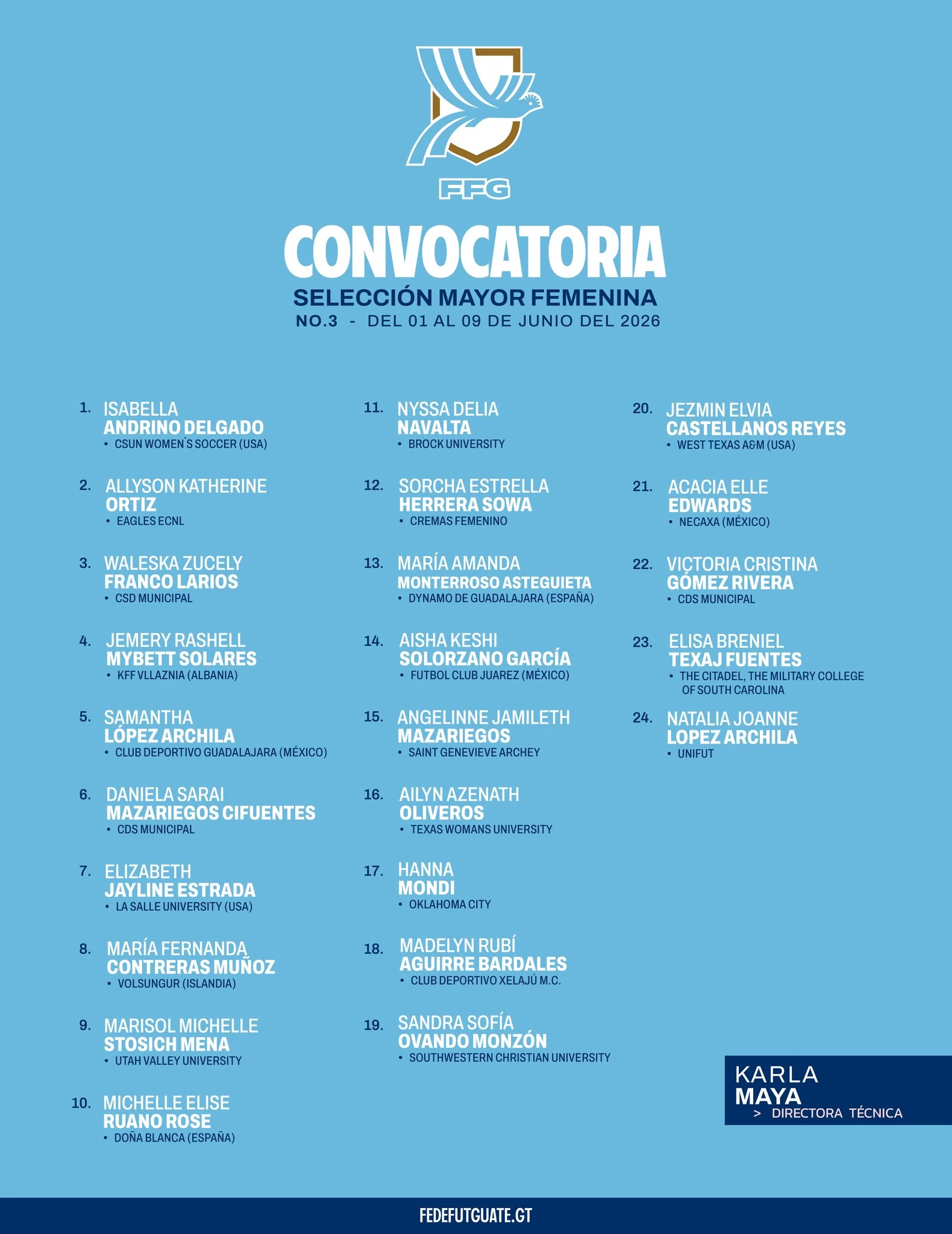 Afiche oficial de la convocatoria No. 3 de la Seleccion Mayor Femenina de Guatemala