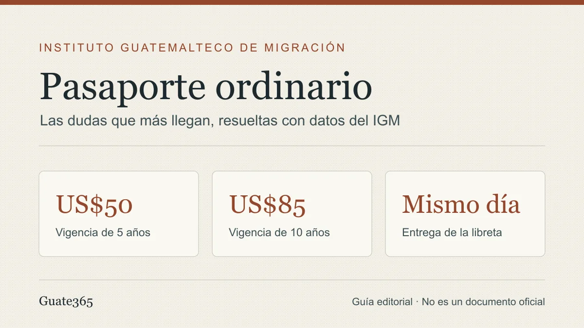 Portada con el título Pasaporte ordinario y tres tarjetas: US$50 por 5 años, US$85 por 10 años y entrega el mismo día