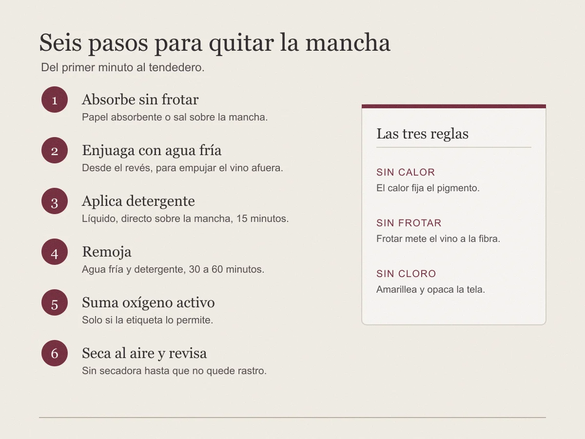 Infografía con seis pasos para quitar una mancha de vino tinto: absorber sin frotar, enjuagar con agua fría, aplicar detergente, remojar, sumar oxígeno activo y secar al aire