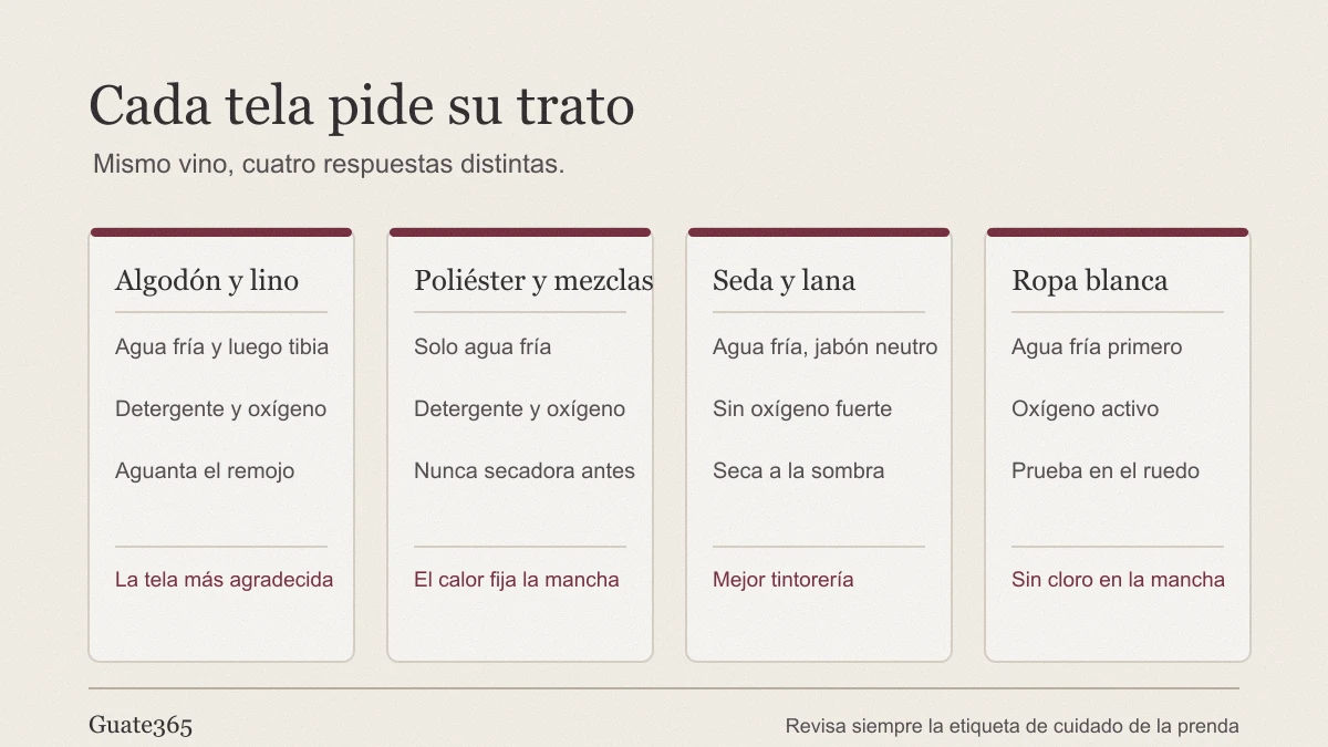 Matriz de cuatro columnas con el tratamiento de una mancha de vino tinto en algodón y lino, poliéster y mezclas, seda y lana, y ropa blanca