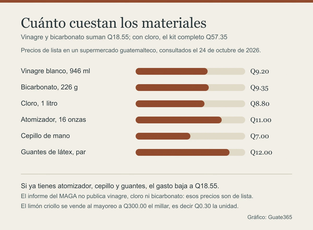 Gráfico de barras con el precio de cada material: vinagre Q9.20, bicarbonato Q9.35, cloro Q8.80, atomizador Q11.00, cepillo Q7.00 y guantes Q12.00