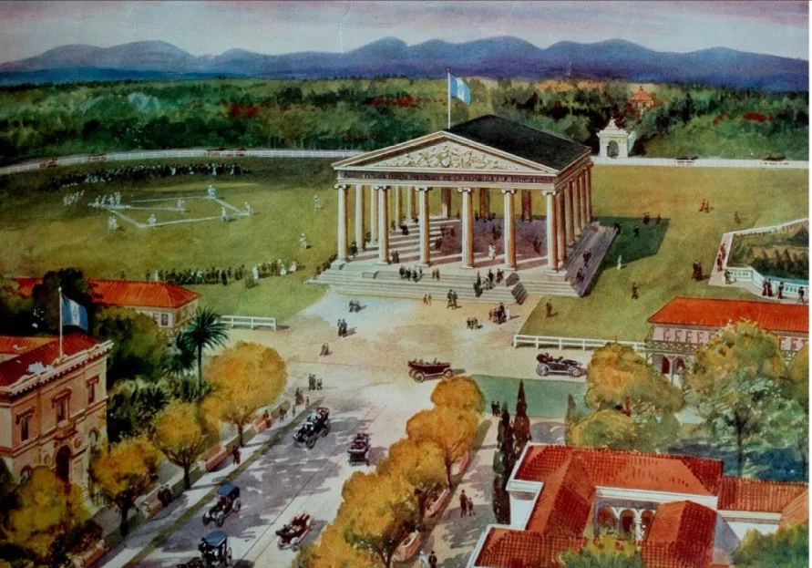Pintura del templo romano de columnas, con un jardín, un campo de béisbol y automóviles en la calle de enfrente