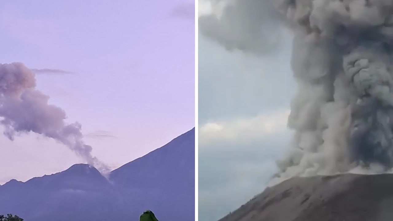 Ceniza volcánica cayendo sobre comunidades cercanas al volcán Santiaguito en Quetzaltenango