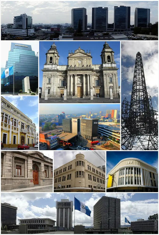 Collage vertical de vistas de la Ciudad de Guatemala con edificios y calles
